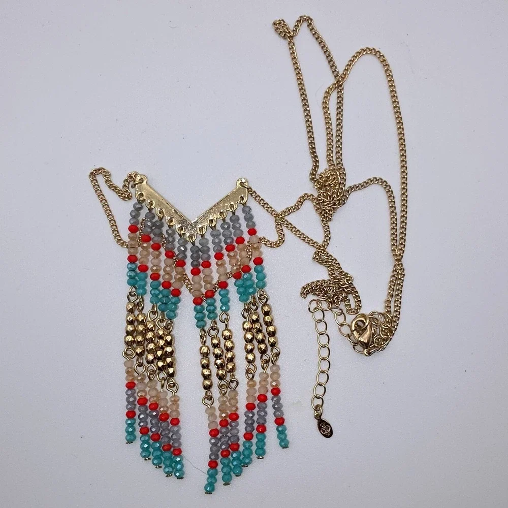 Premier Designs Necklace Gold Turquoise Red Excellent Lively Long Statement